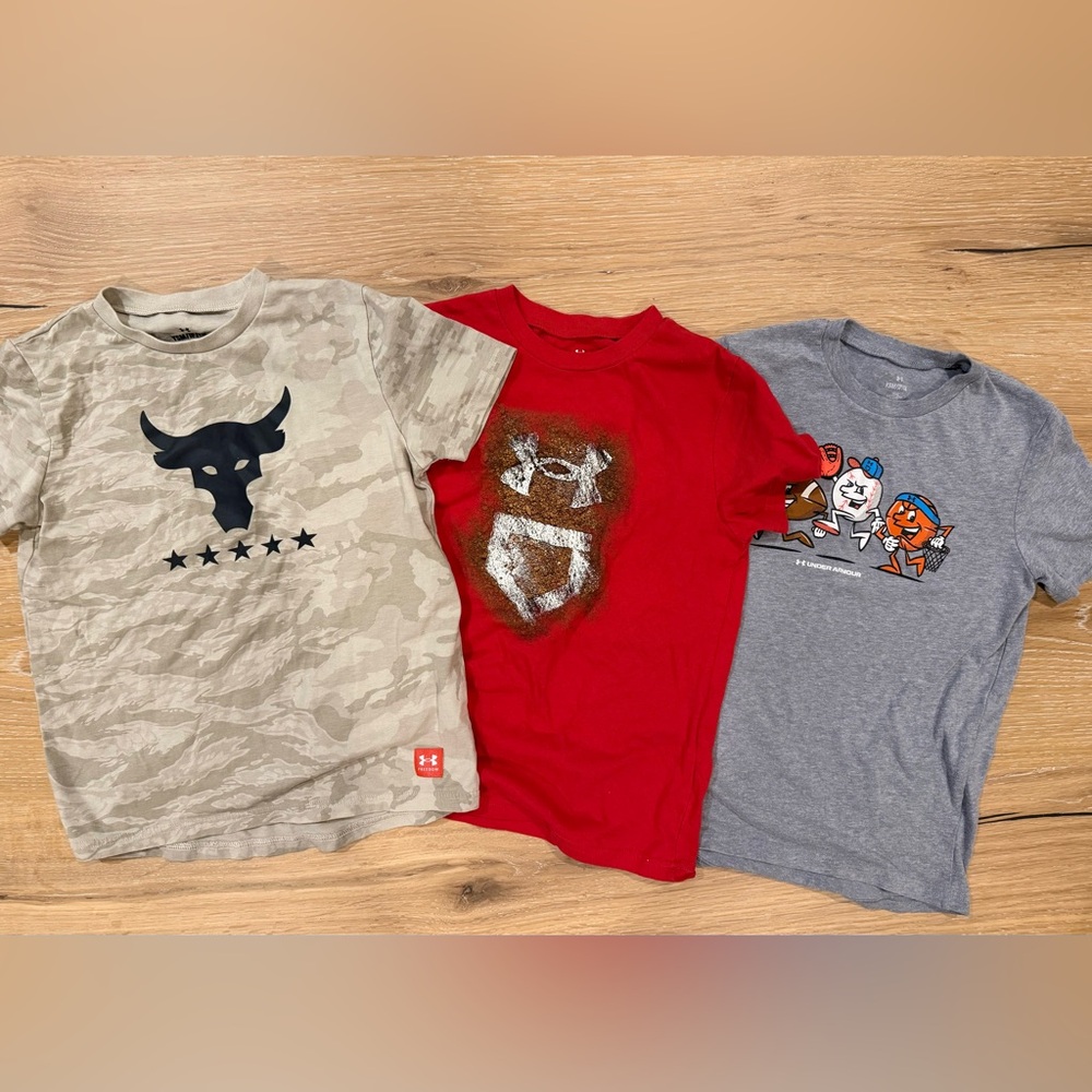 3 Under Armour Sporty Kids Tees - Camo Tan, Bold Red, Cool Gray